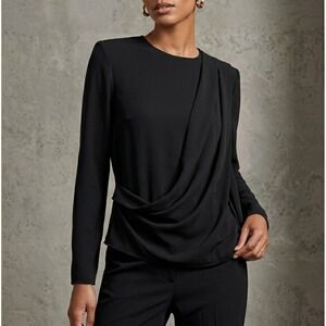 MM. LaFleur Black Draped Front Blouse Top XS Long Sleeve Crew‎ Neck Tailored